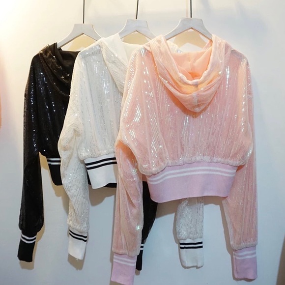 Sequin hoodie bomber jacket shiny sparkle pink black white stripe sporty womens - Picture 7 of 9